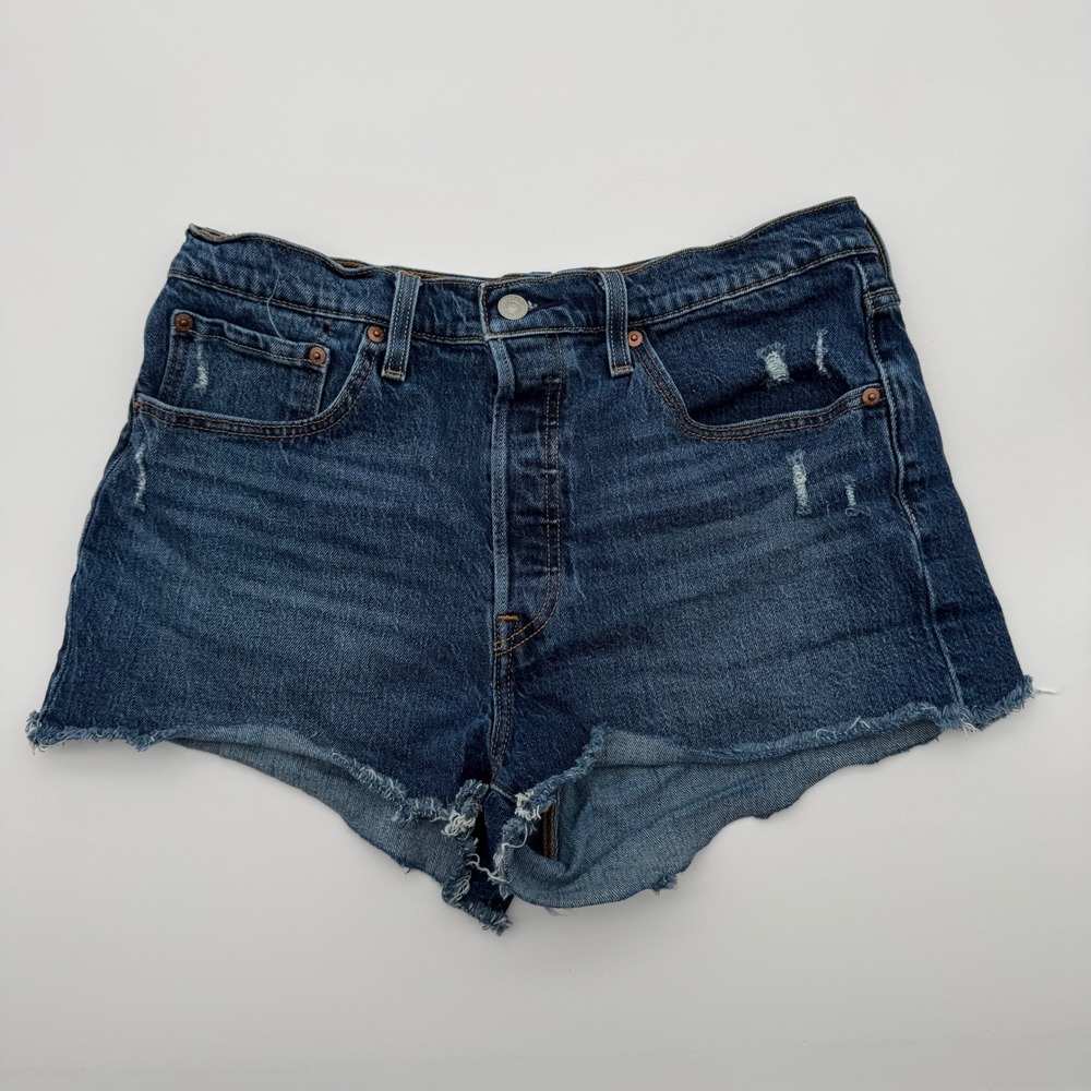 Levis 501 Womens Jean Denim Shorts Dark Wash Distressed Button Fly W31
